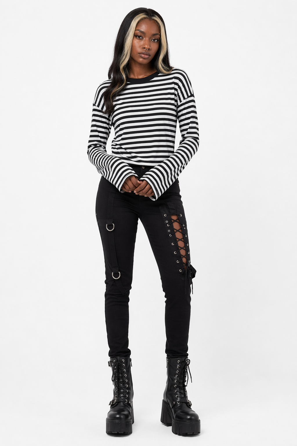 Grunge Stripe Casual Top black white