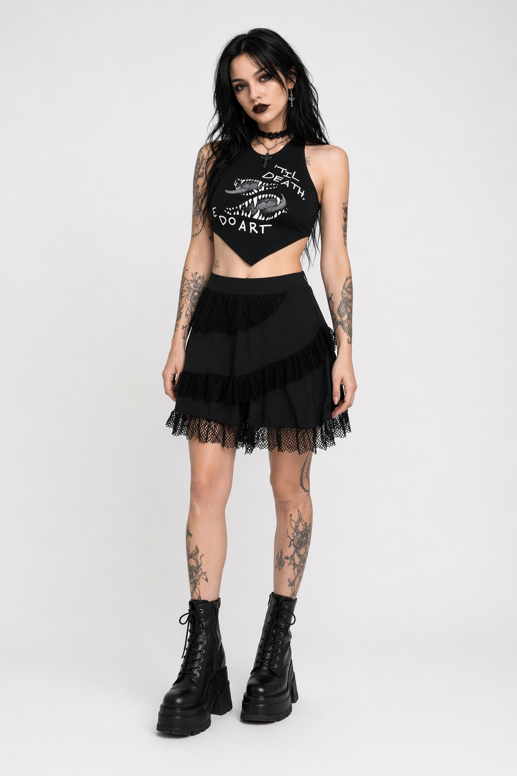 Gothic Mesh Ruffle Skirt Black