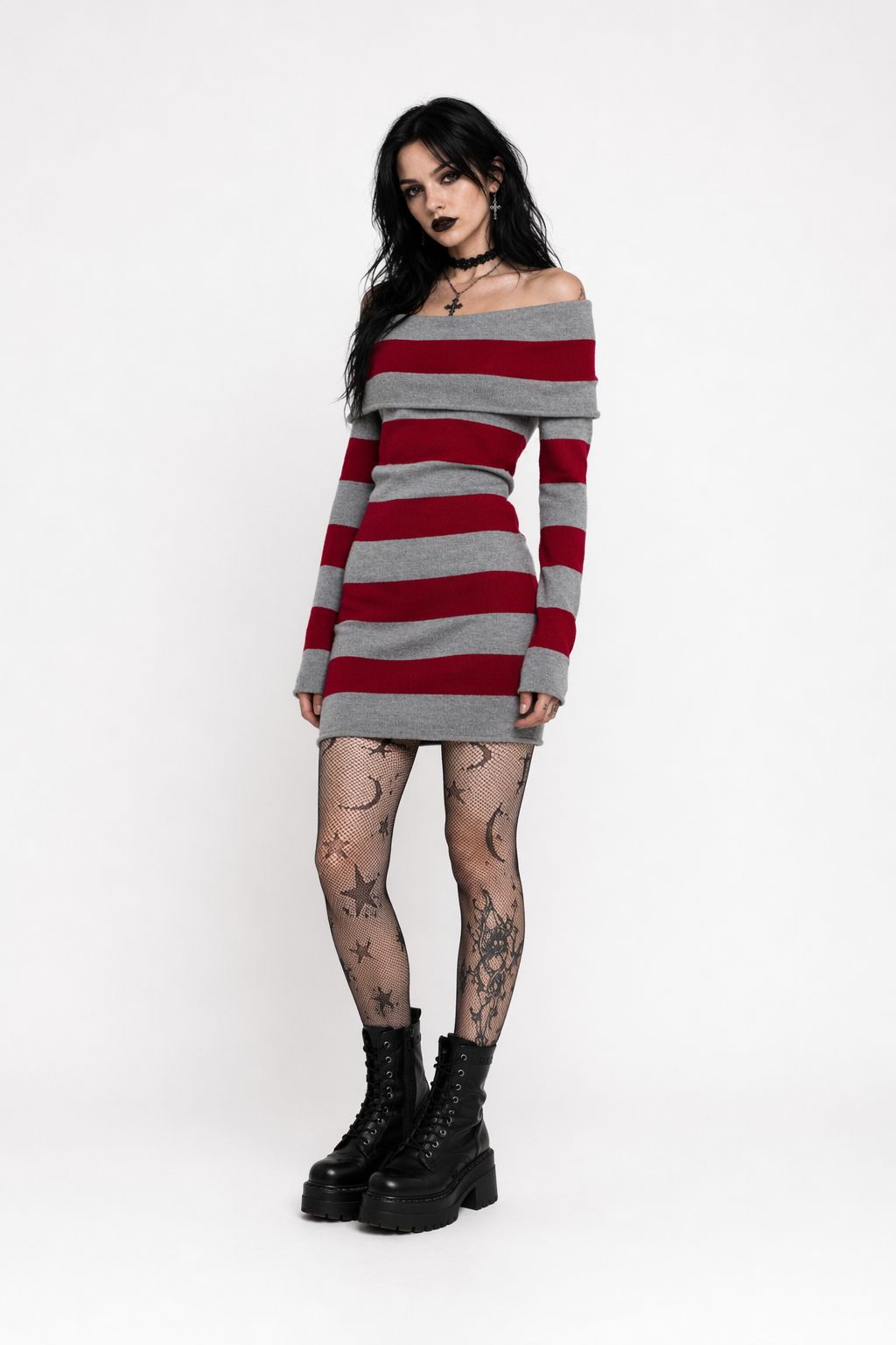Embers' Sweater Dress: Black/Grey & Red/Grey Red