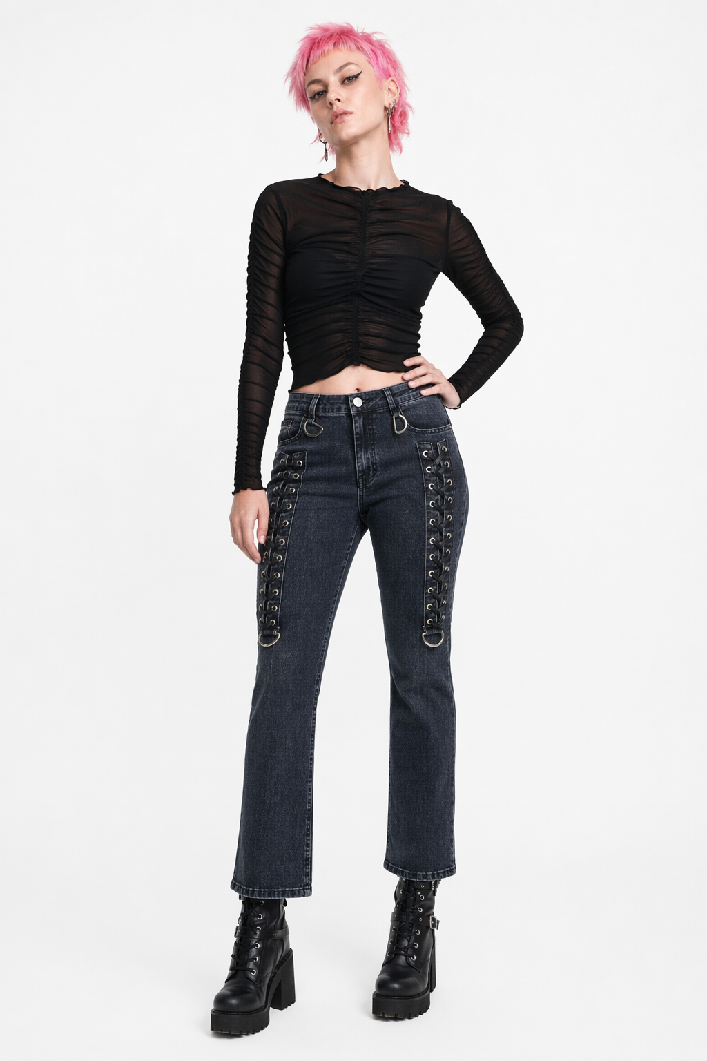 Blue lace-up denim alternative jeans Blue