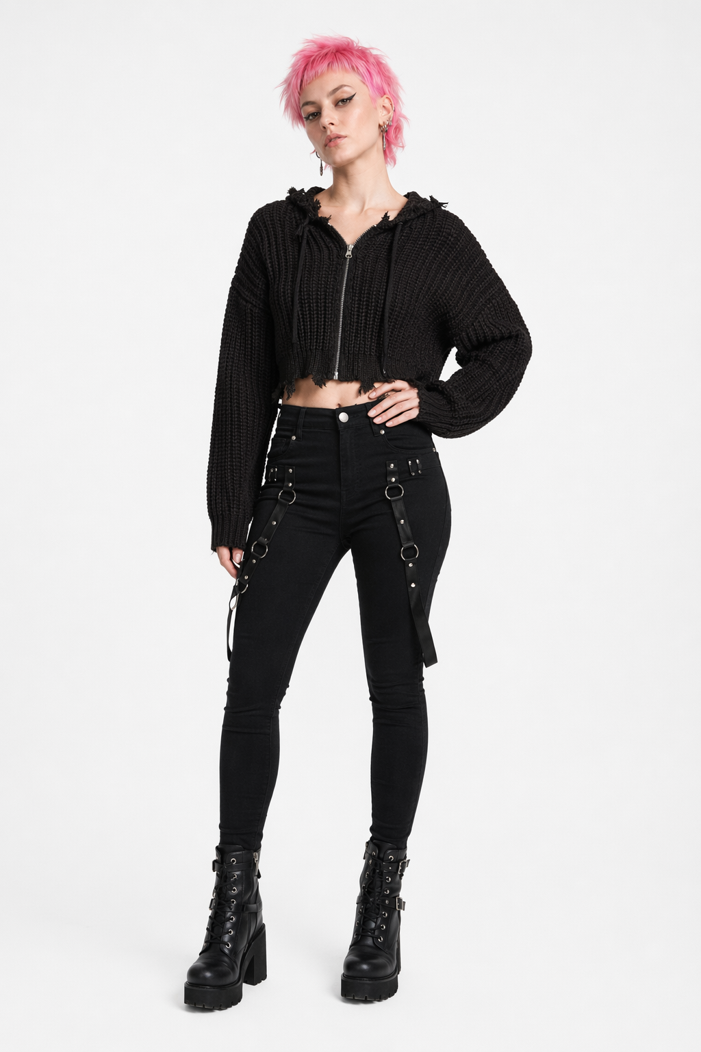 Black Frayed Crop Hoodie Sweater' Default