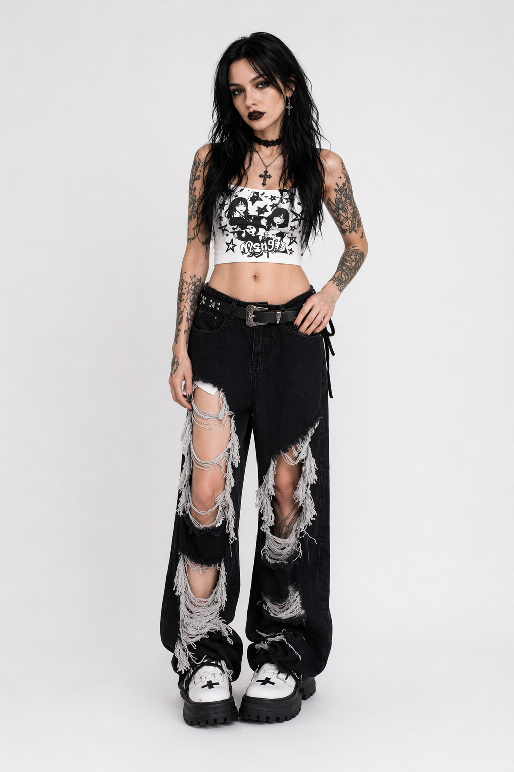 Black Ripped Tassel Pants Black