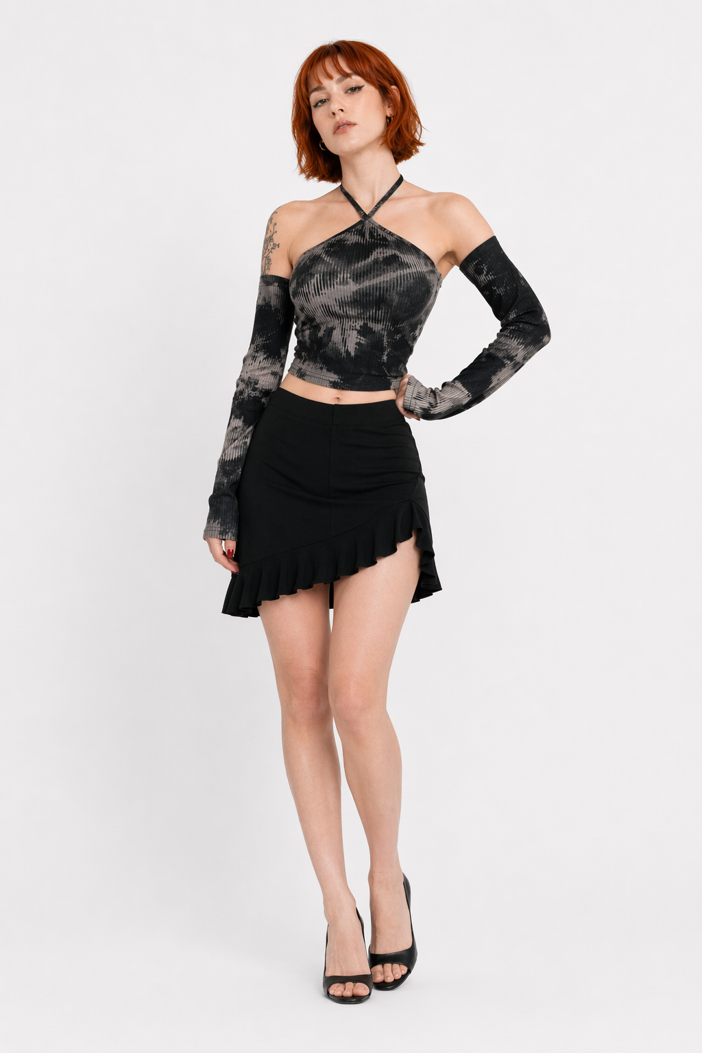 Hourglass Tie Dye Cold Shoulder Top Black Gray