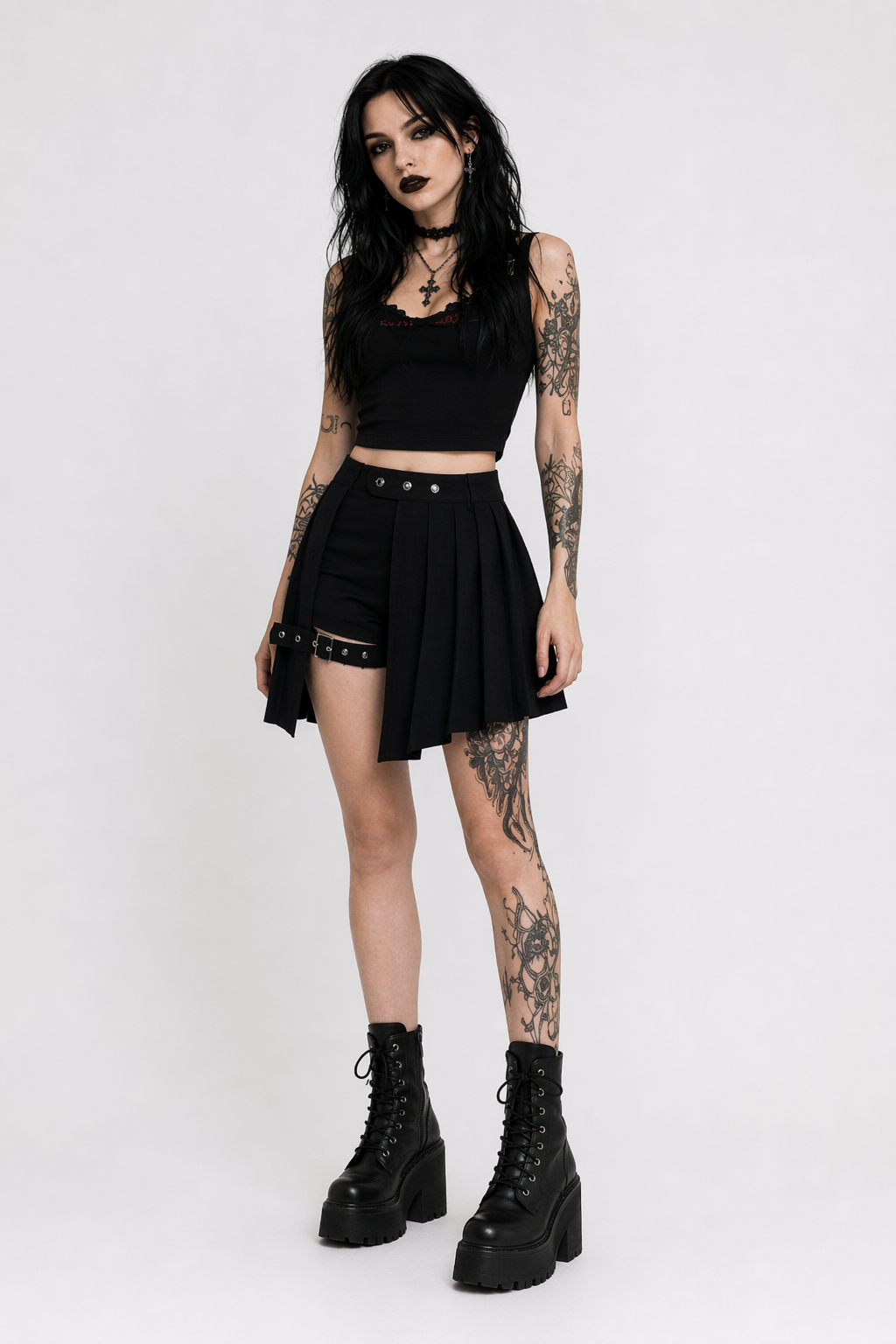 Omen' Black Gothic Pleated Skirt with Shorts black