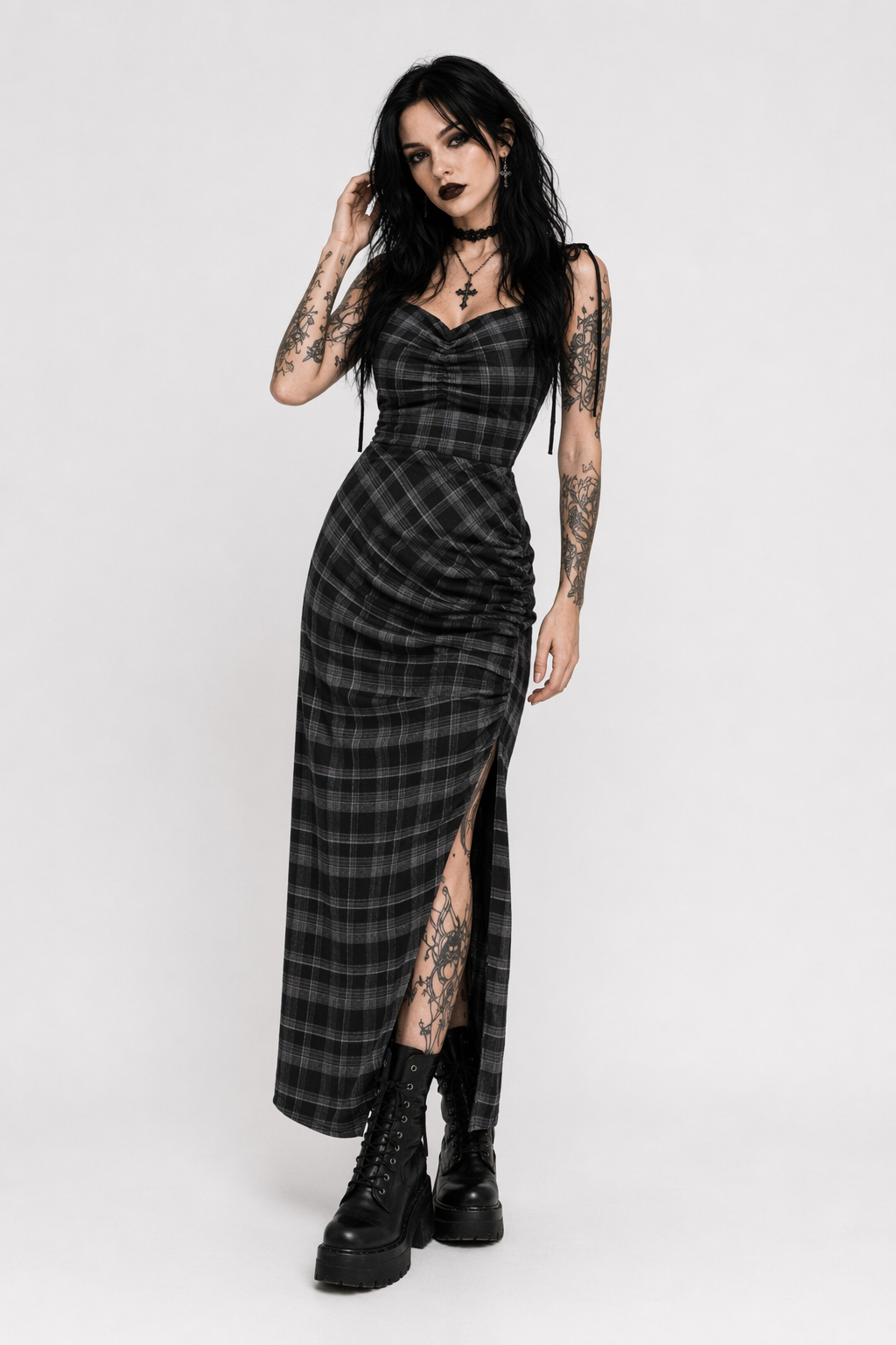Black Plaid Split Dress picture color