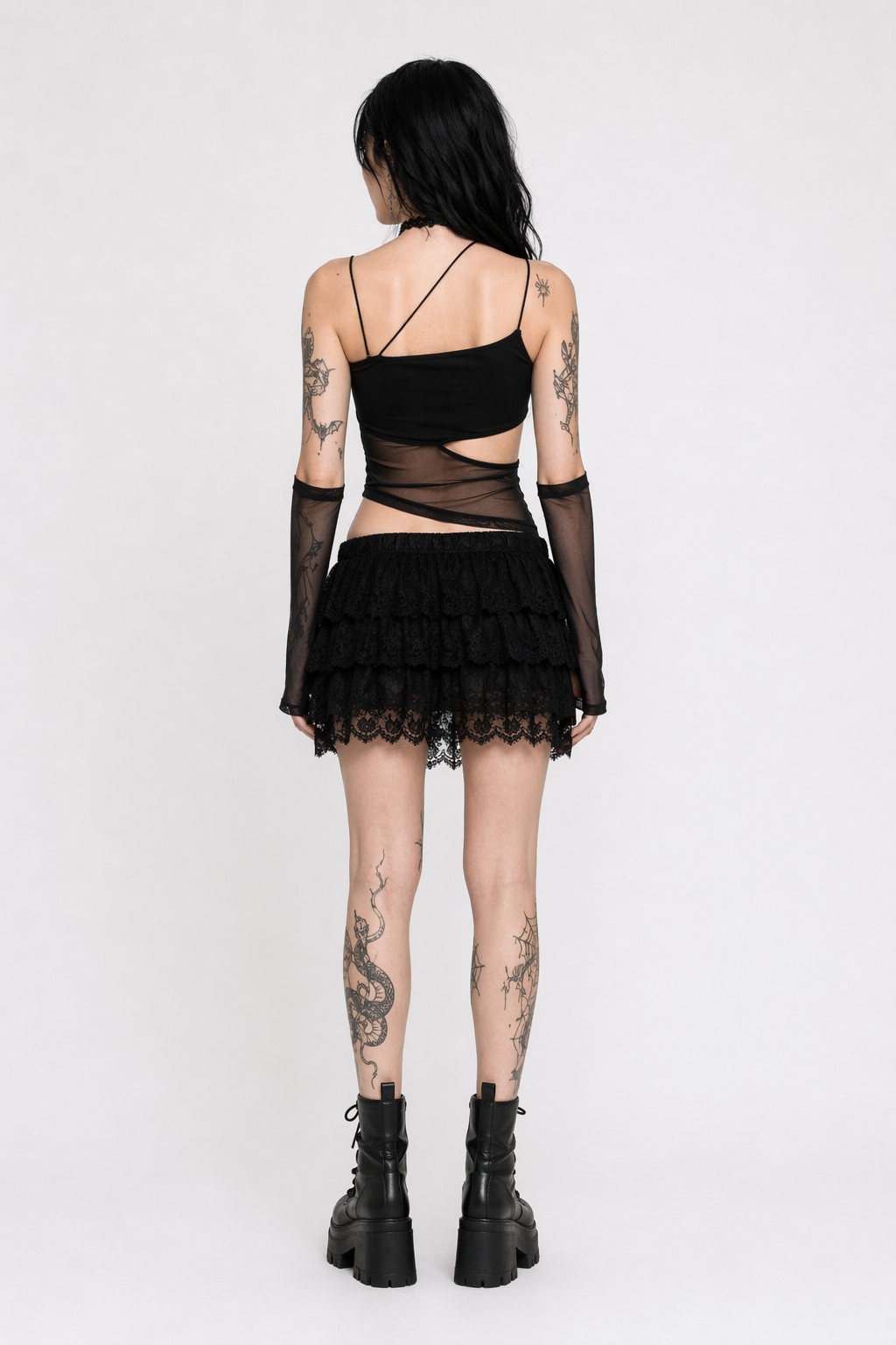 Cut-out Mesh Crop Top Black