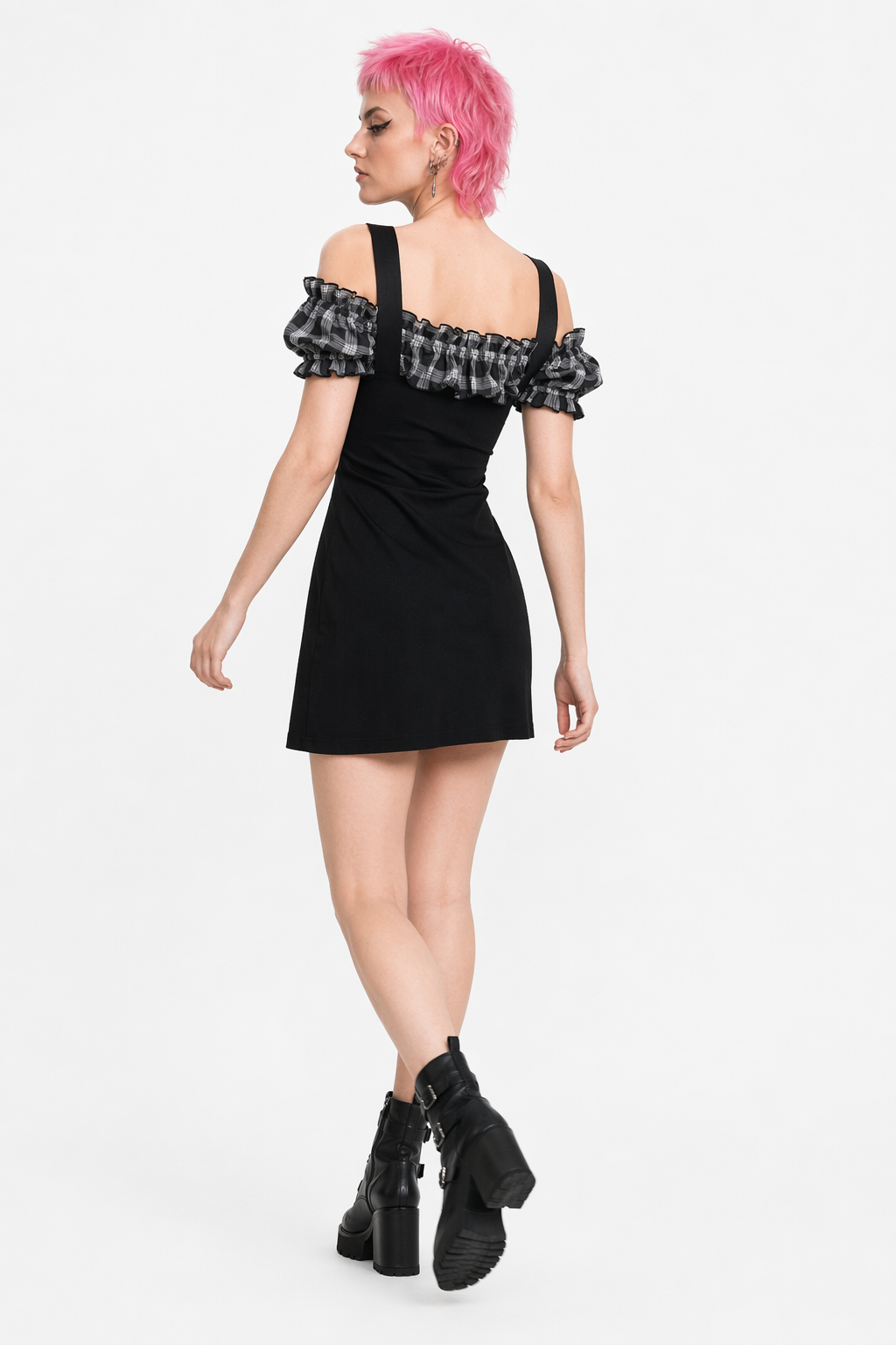 "Synergy Plaid Strap Dress" Black