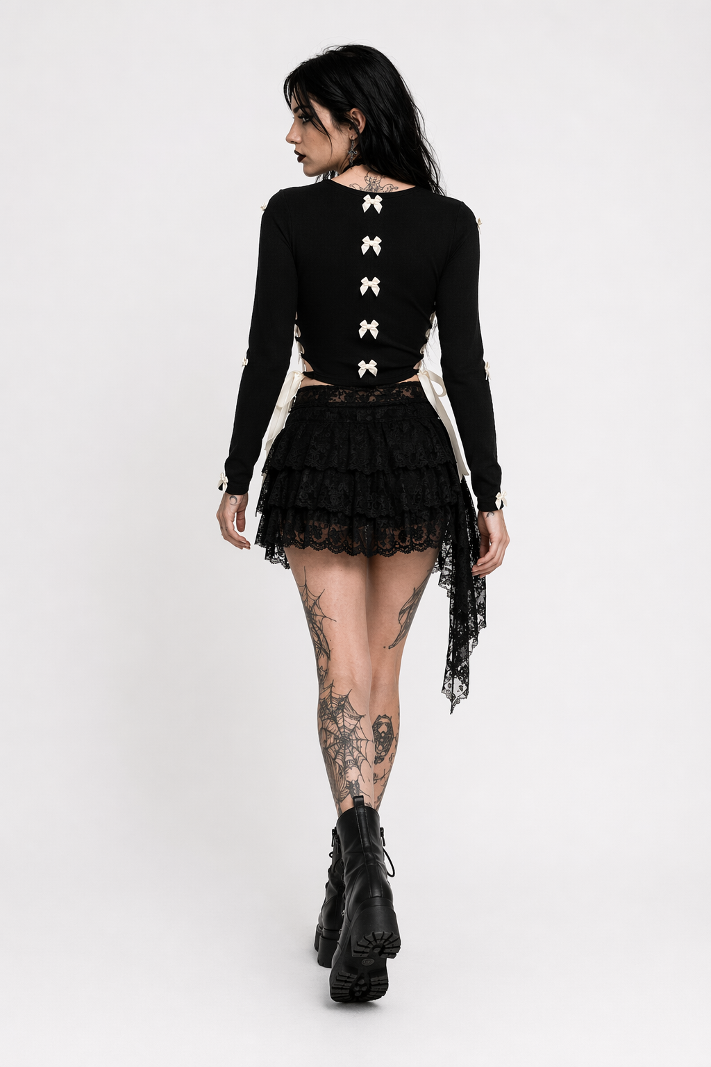 Black Lace-Up Bow Crop Top Black