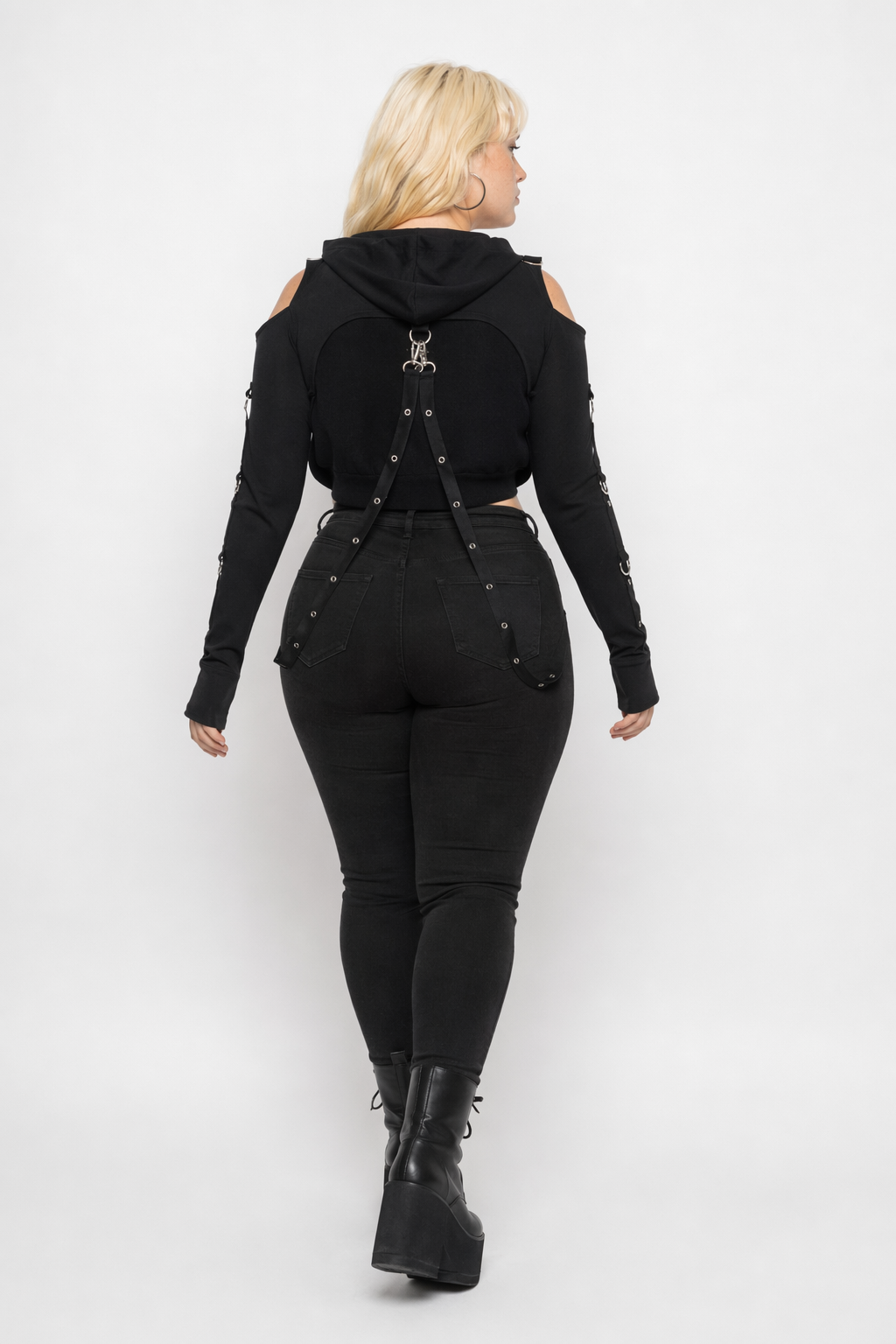 Black Strapped Hooded Top black hoodies