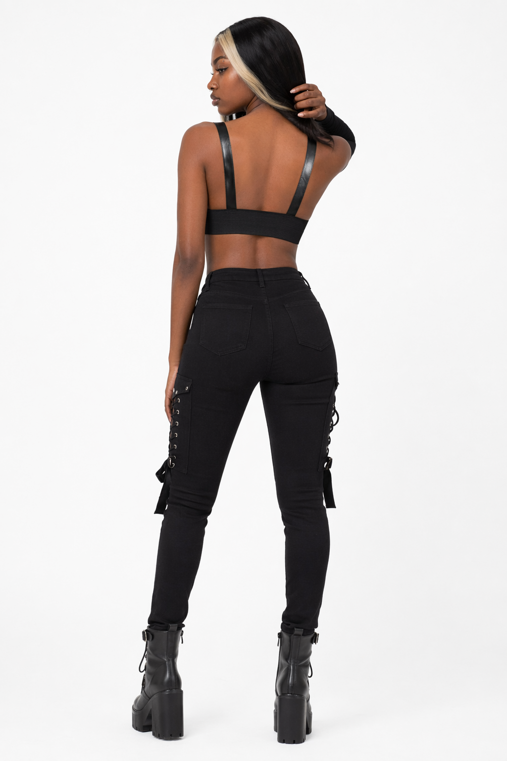Black PU Lace-Up Bra Top black