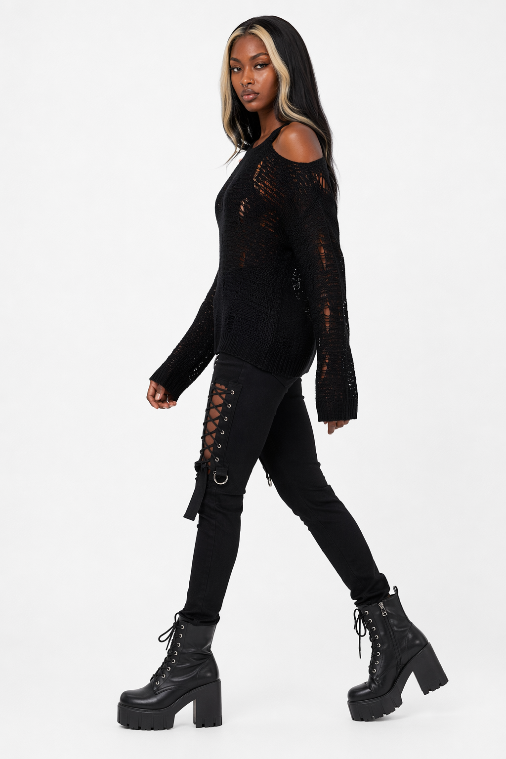Terrifying Black Grunge Off-Shoulder Top Black