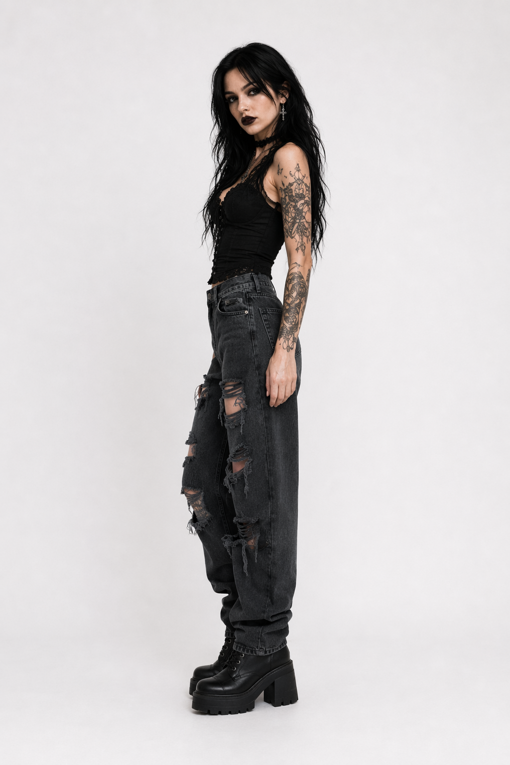 Black Ripped Denim Pants as picture