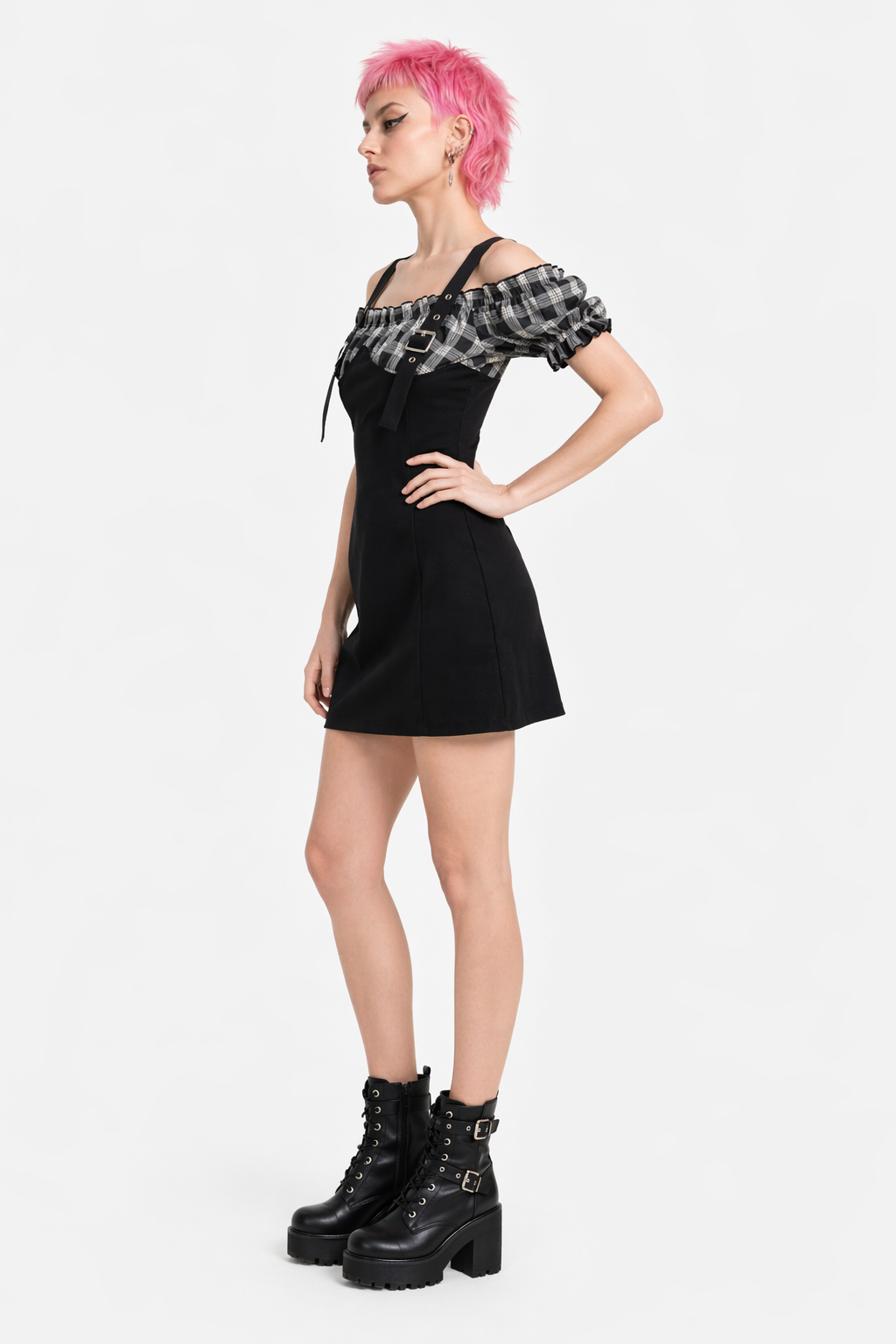 "Synergy Plaid Strap Dress" Black