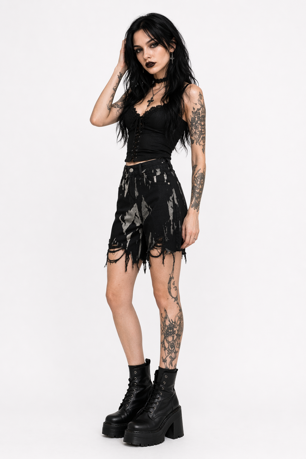 Black Tie Dye High Waist Shorts. Black