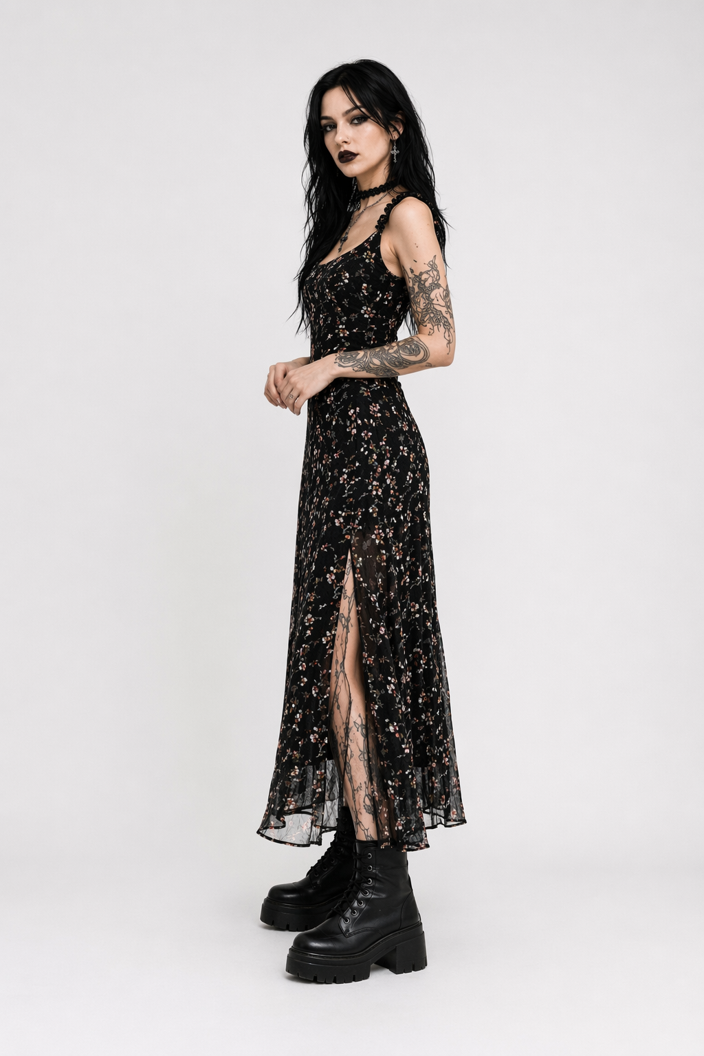Crazytown' Floral Split Dress (Black) Black