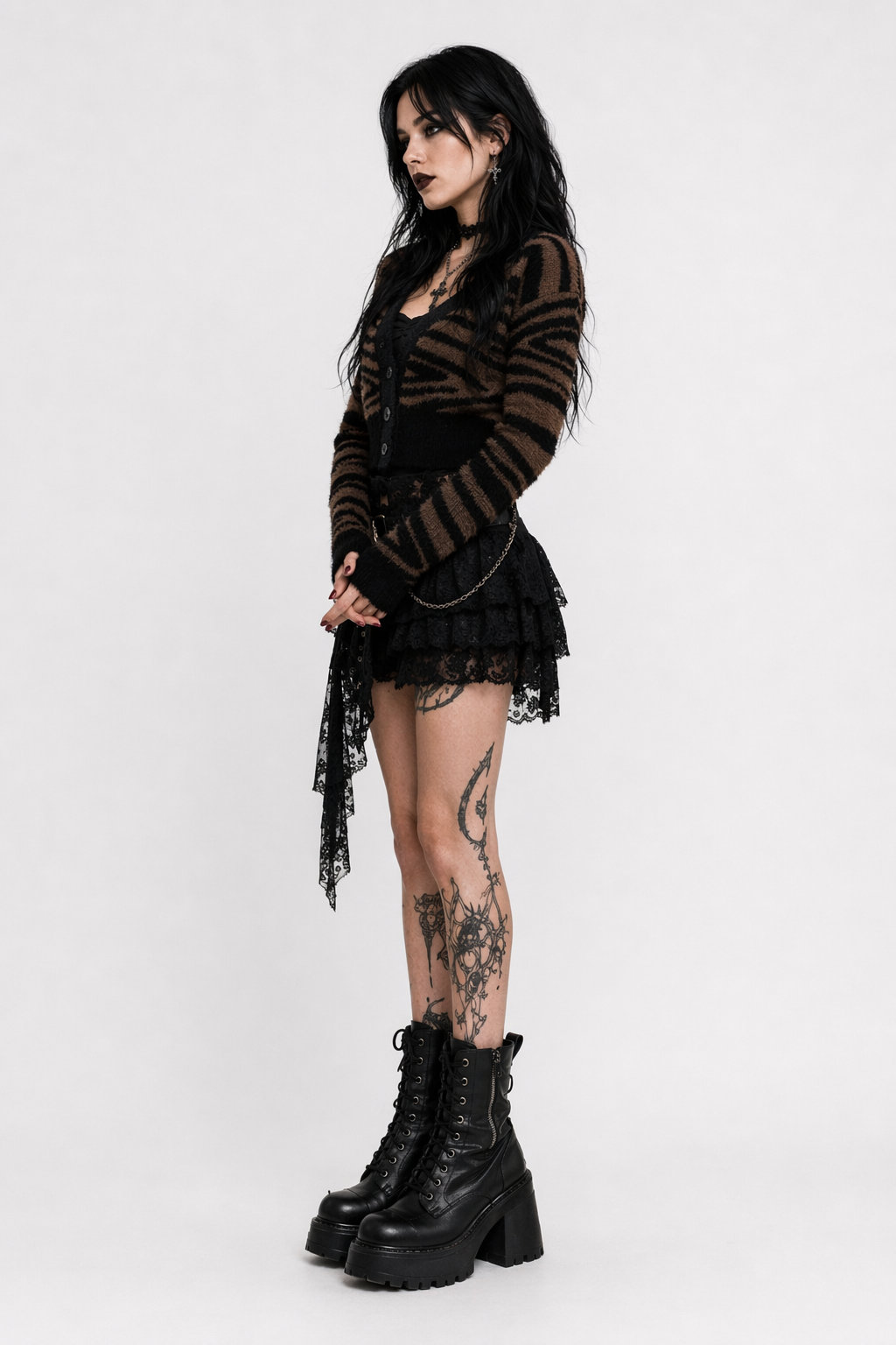 Grunge Brown Stripe Cardigan Deep Brown