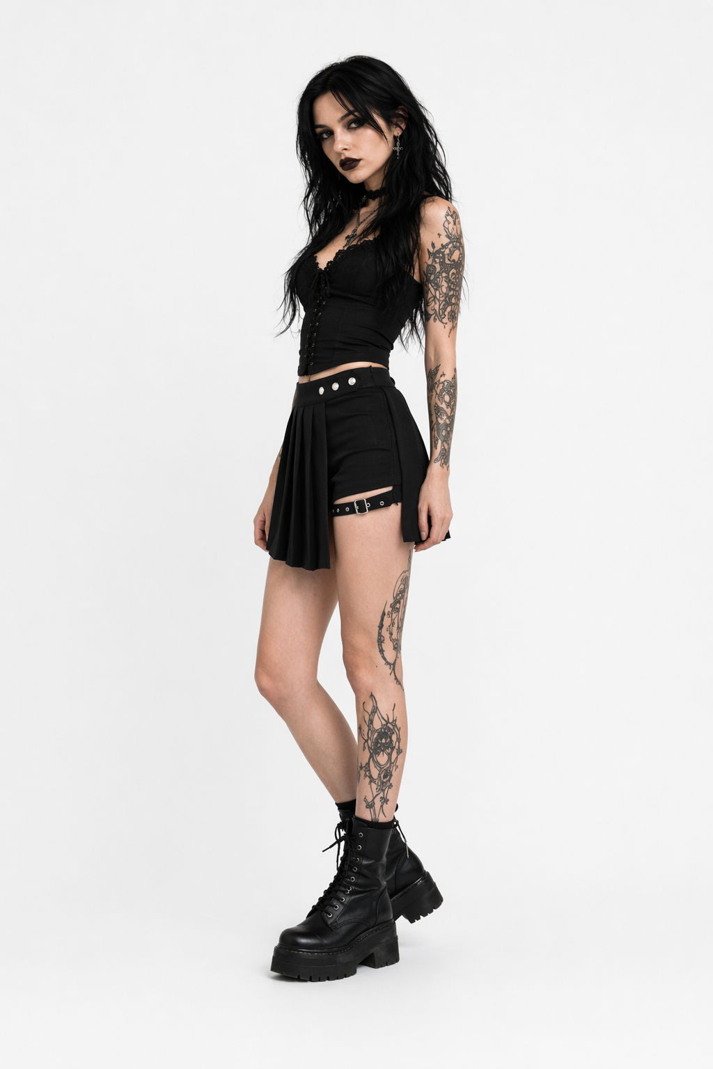 Omen' Black Gothic Pleated Skirt with Shorts black