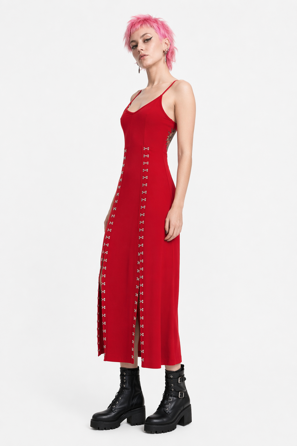 Grunge Eyelet Black Dress' red