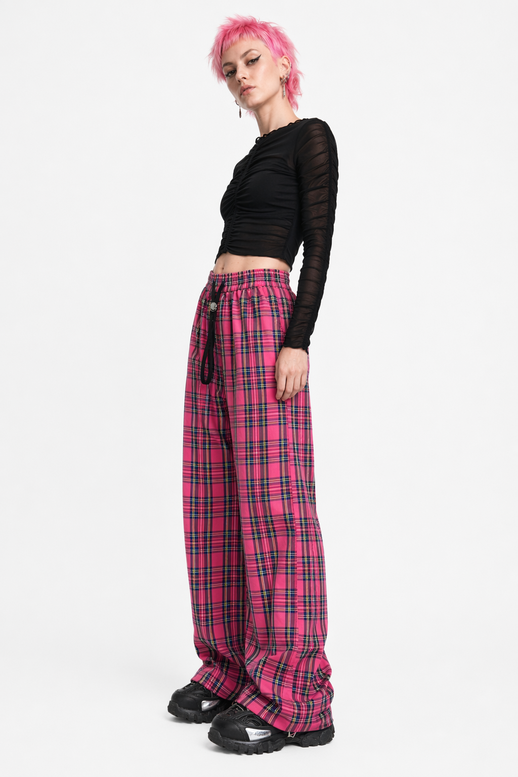 Red Plaid Harajuku Pants' Pink