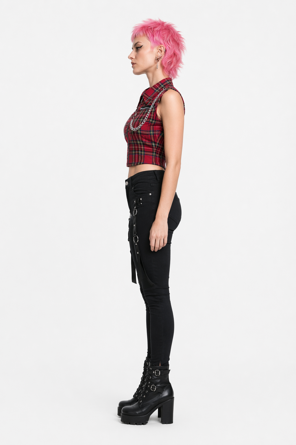 Red Plaid Zip Crop Top Plaid Vest