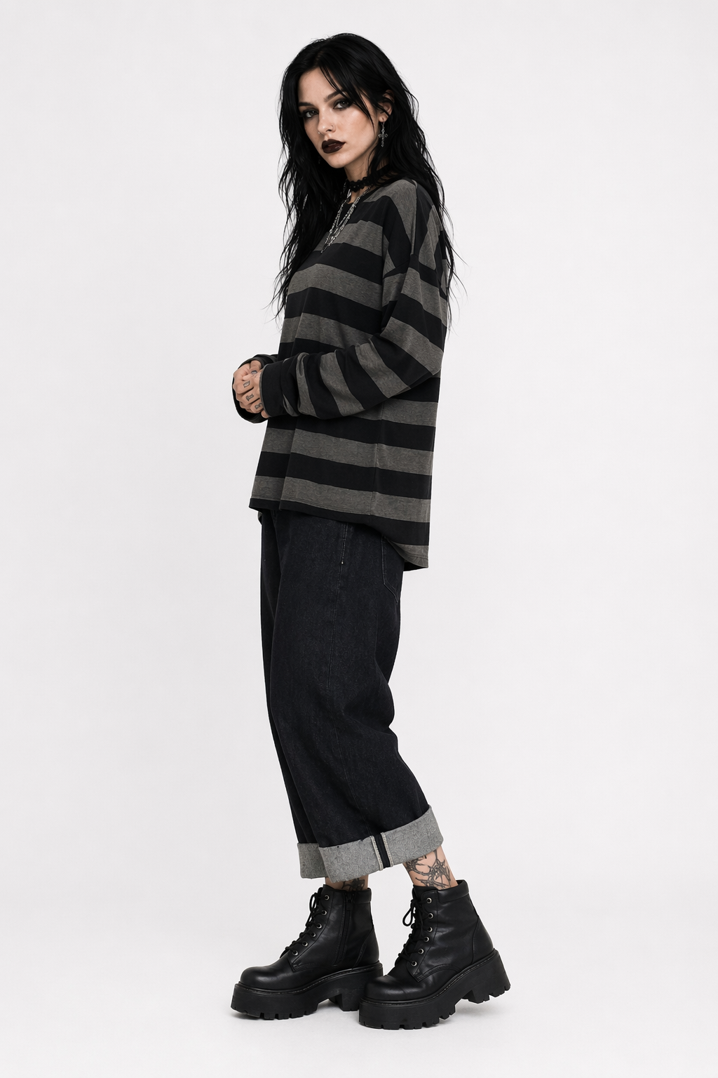 "Green Grunge Stripe Top" BLACK