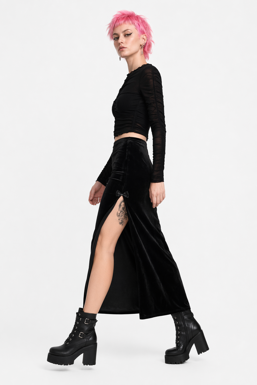 Black Velvet Split Skirt Black