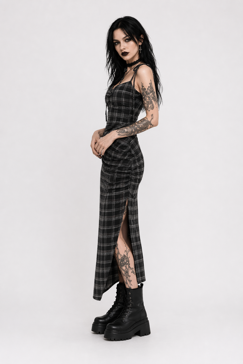 Black Plaid Split Dress picture color