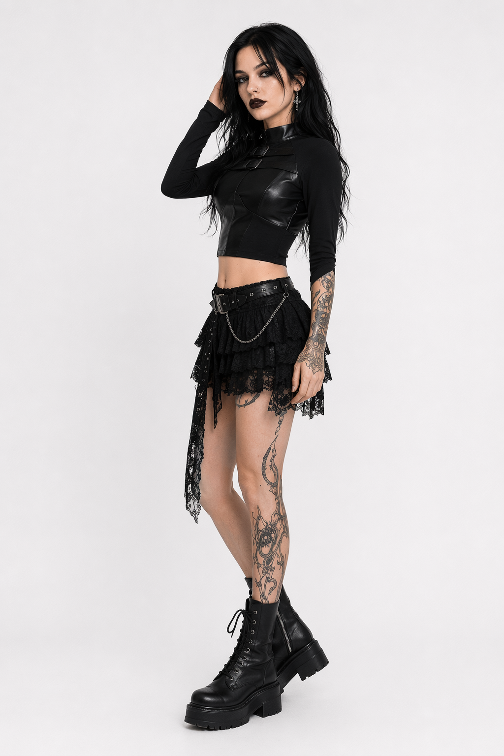 Black Gothic Faux Leather Patchwork Top BLACK