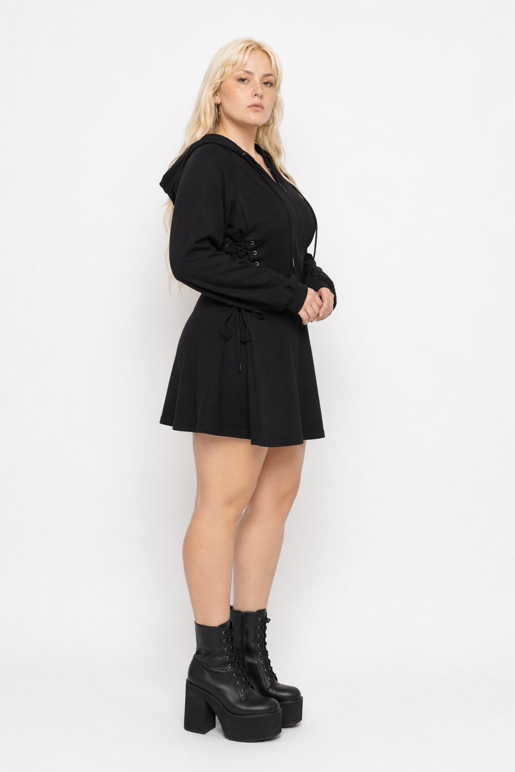 Dark lace-up hooded dress Black