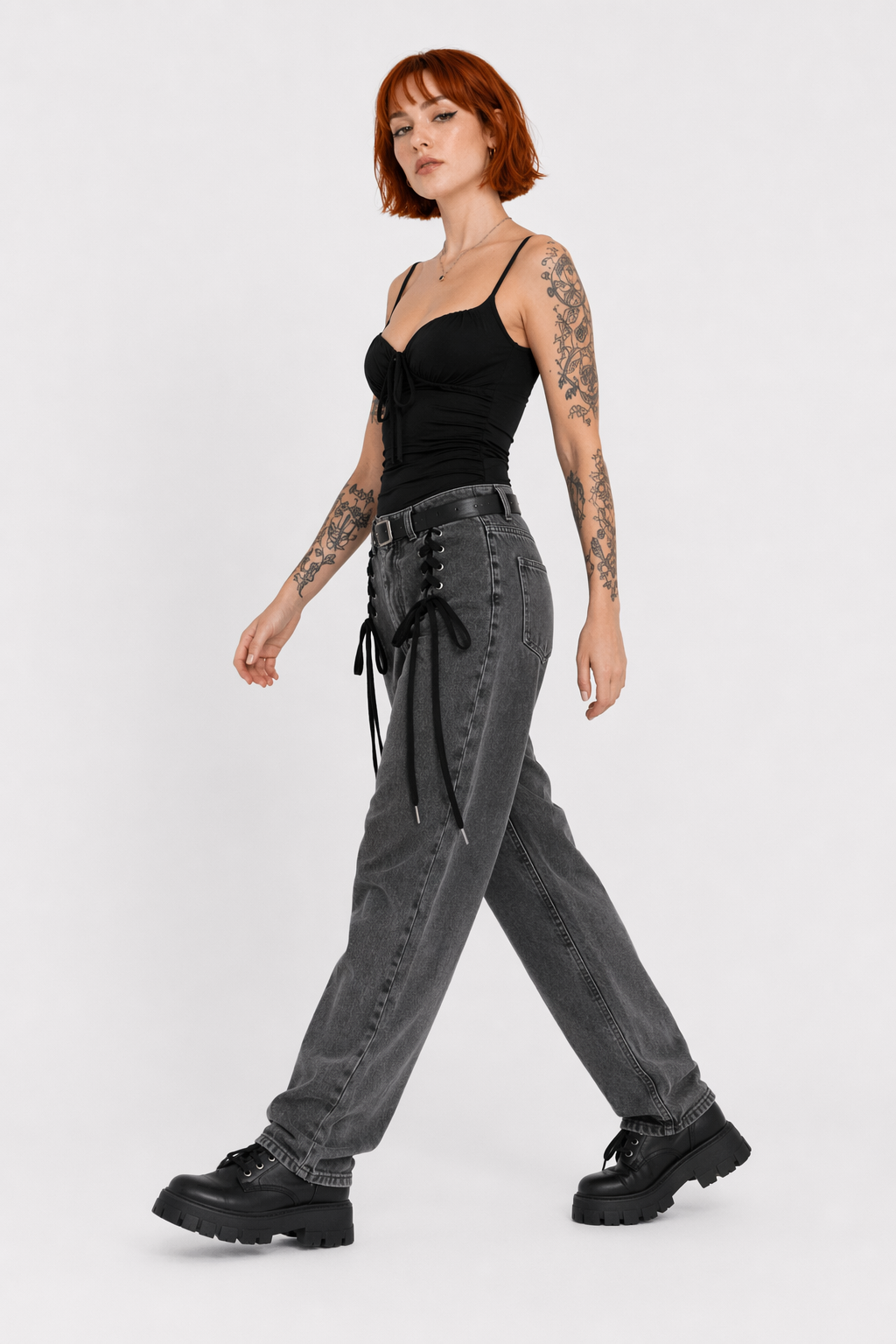 Black Lace-Up Denim Pants Black gray