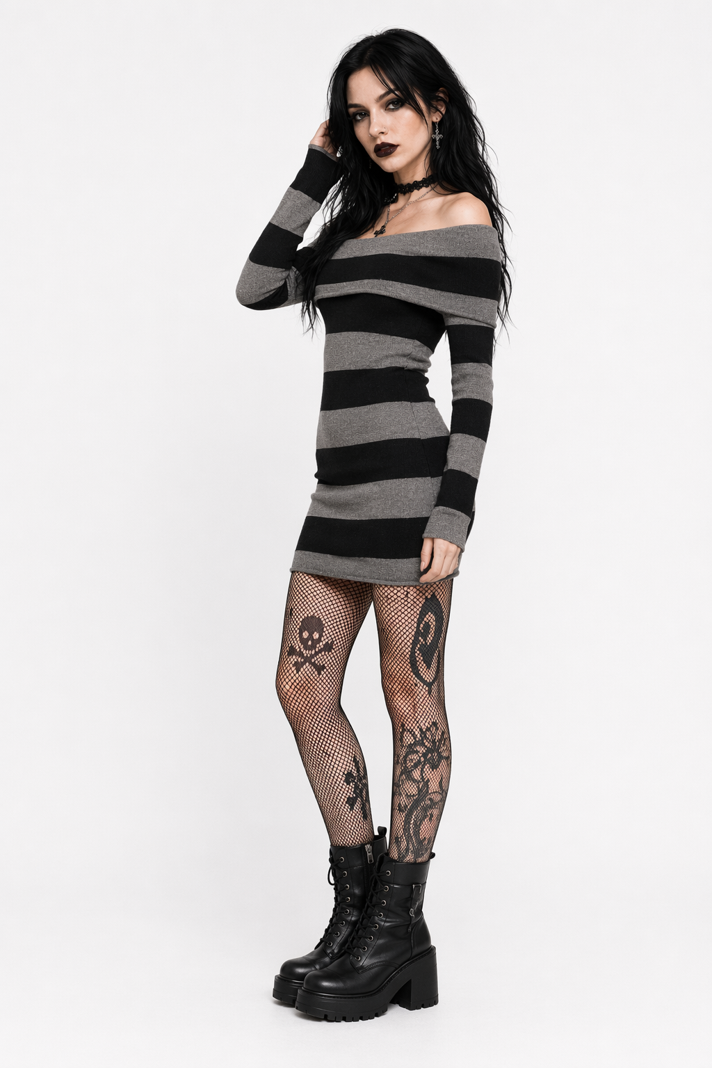 Embers' Sweater Dress: Black/Grey & Red/Grey Black