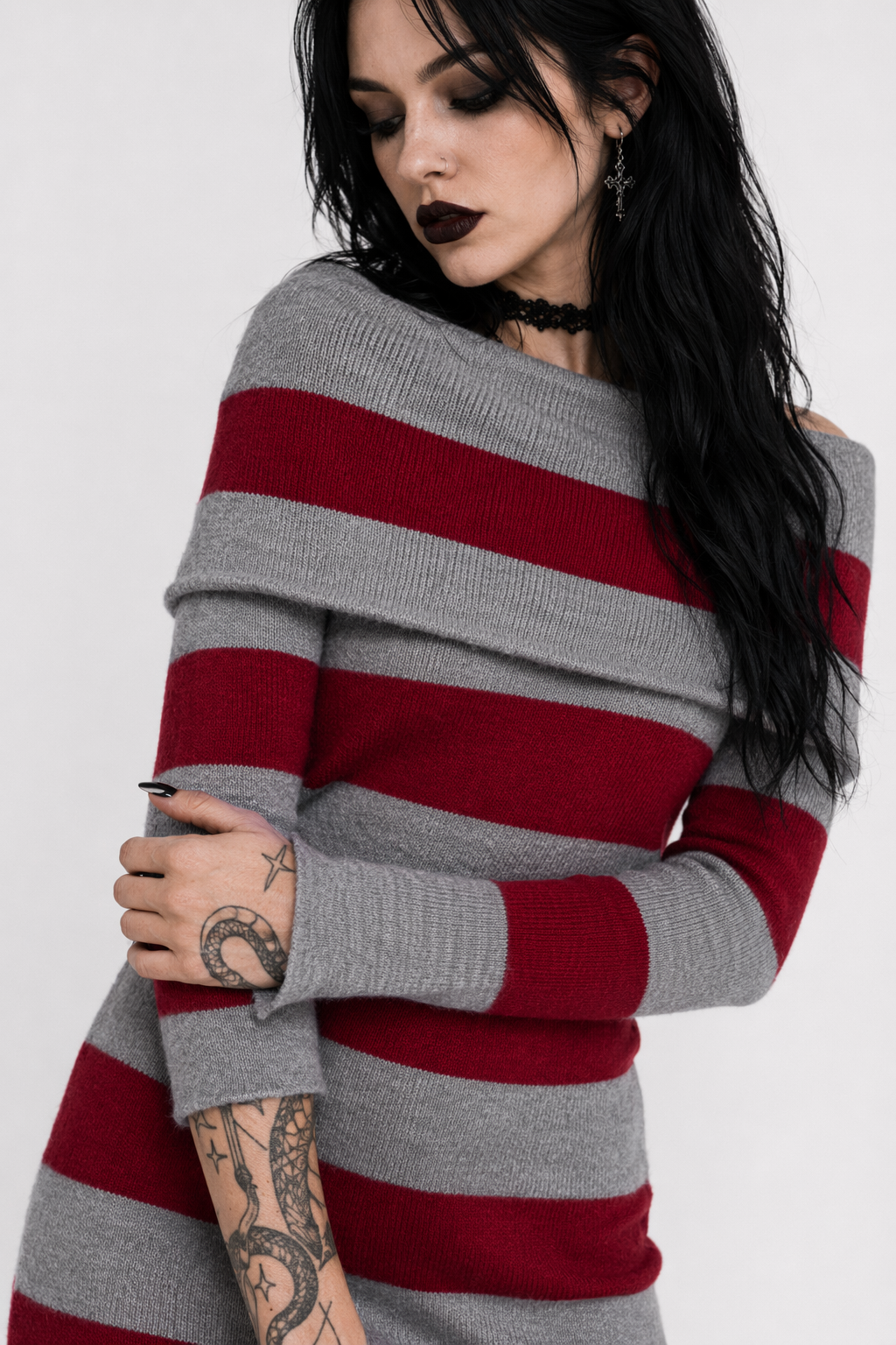 Embers' Sweater Dress: Black/Grey & Red/Grey Red