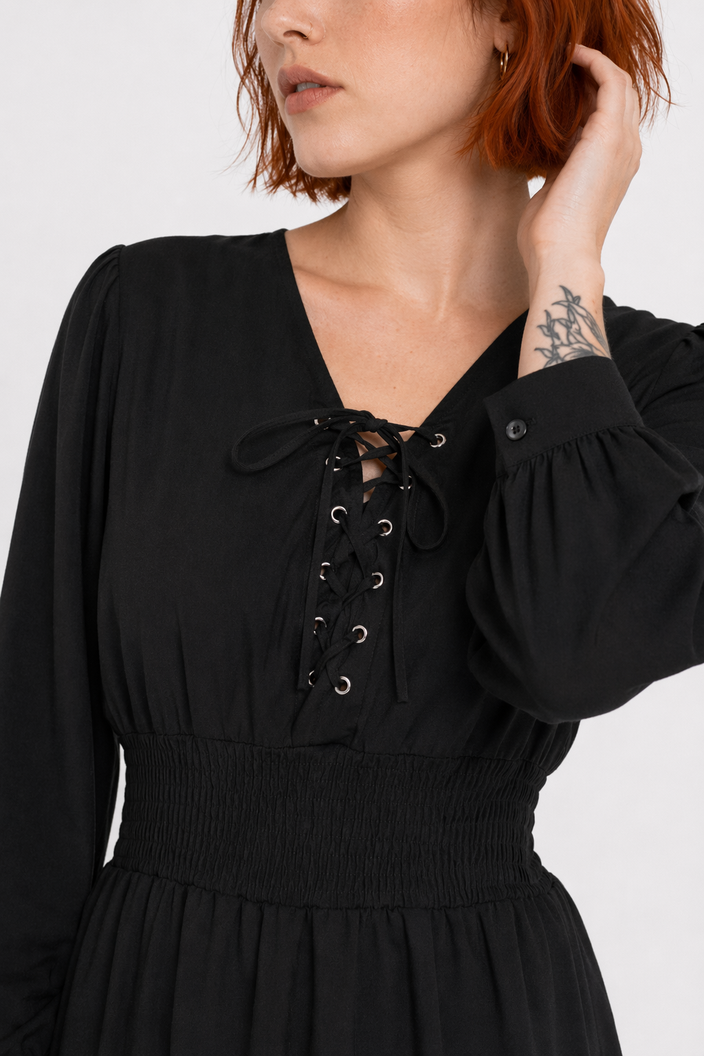 Black Lace-Up V-Neck Dress Black