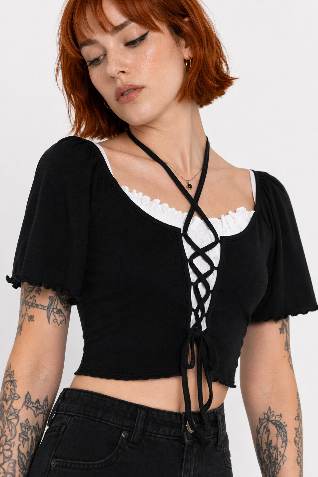 Ruffled Short Sleeve Casual Top black