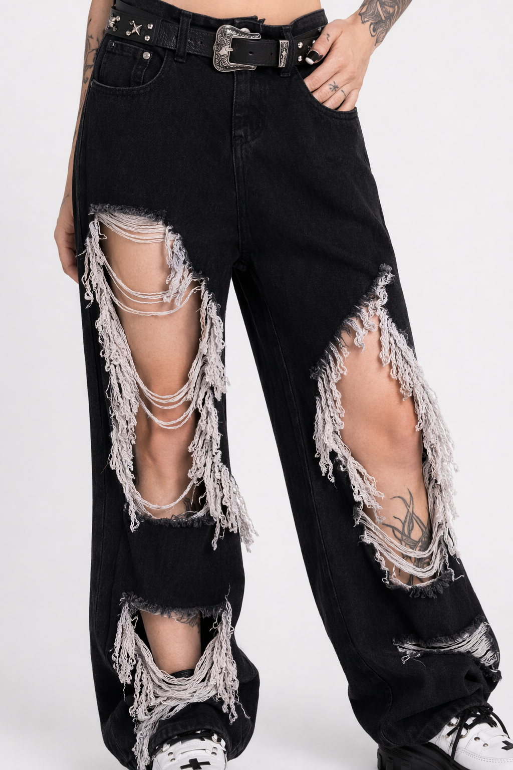 Black Ripped Tassel Pants Black