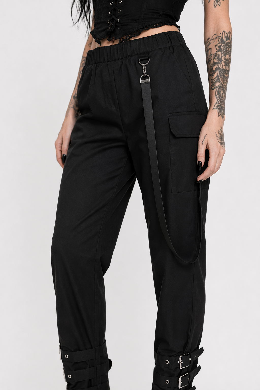 Black Grunge Strap Pants black pants