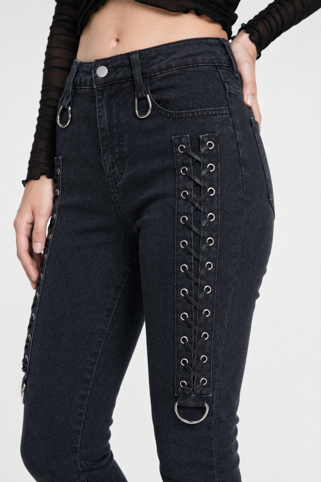 Blue lace-up denim alternative jeans Blue