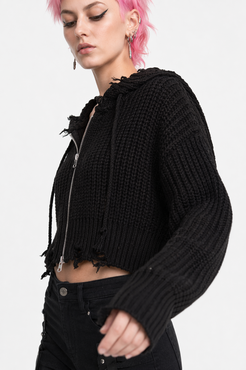 Black Frayed Crop Hoodie Sweater' Default