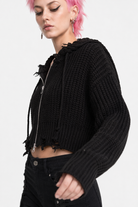 Black Frayed Crop Hoodie Sweater' Default