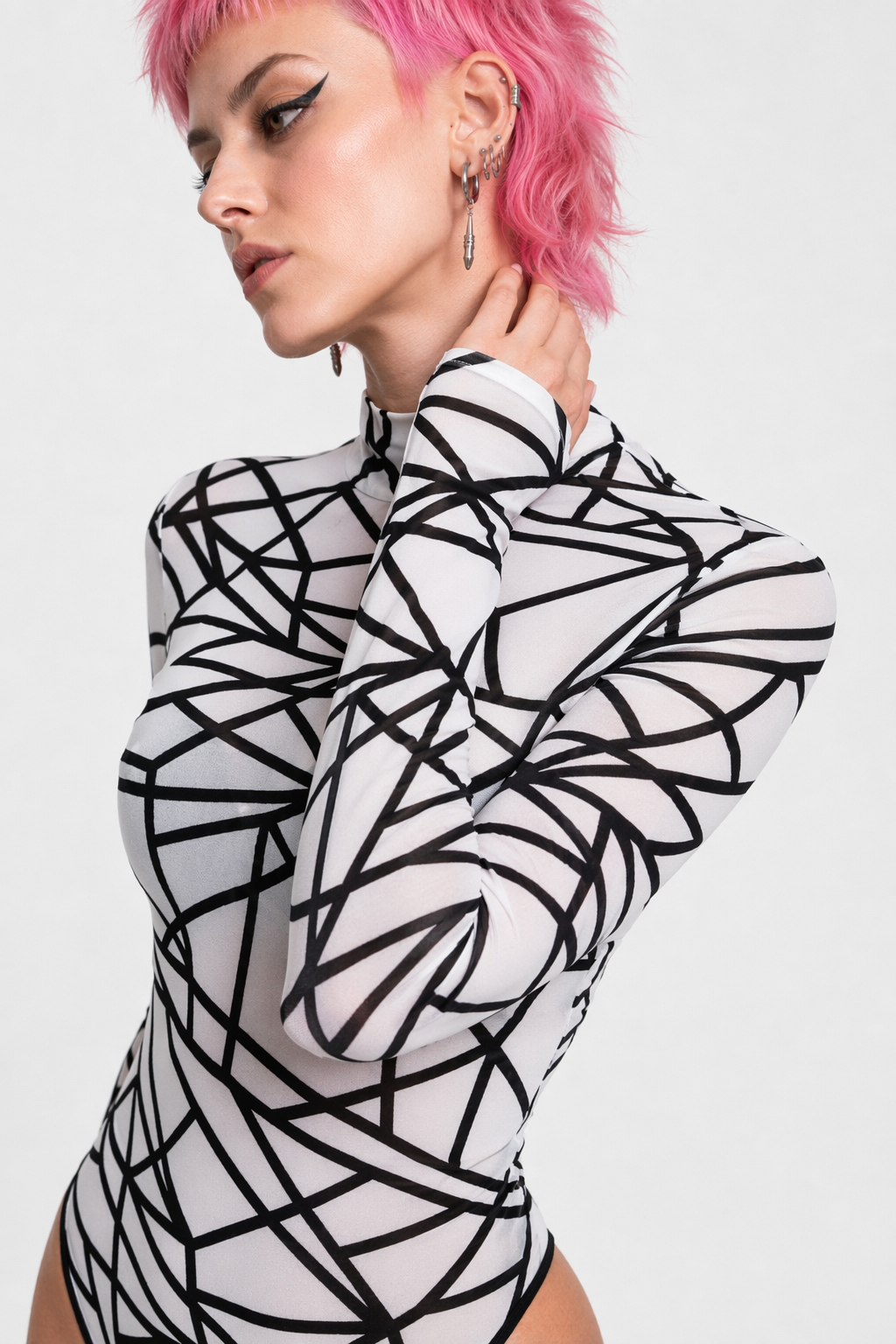 "Black Geometric Bodysuit" White
