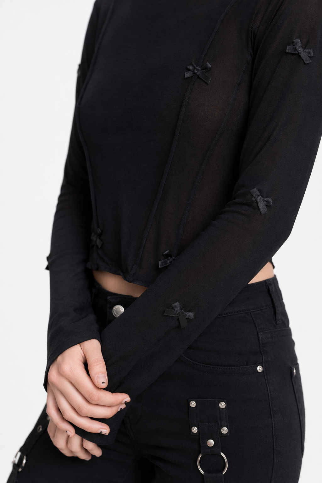 Grunge-inspired Black Bow Crop Top Black