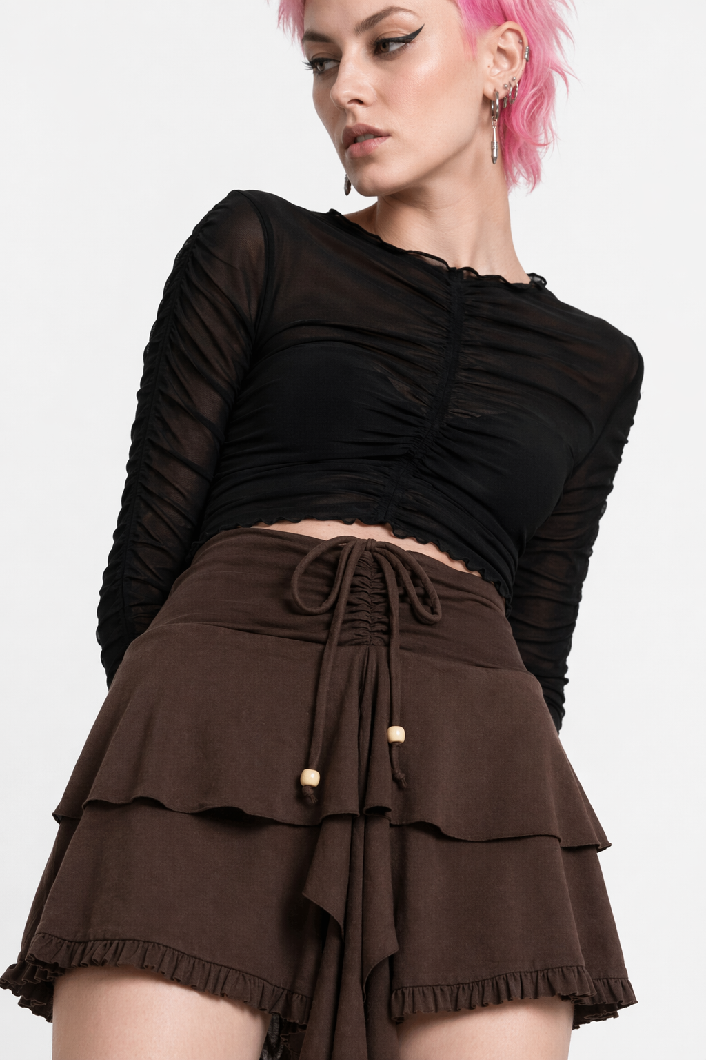Earthy Brown Tie Mini Skirt Brown