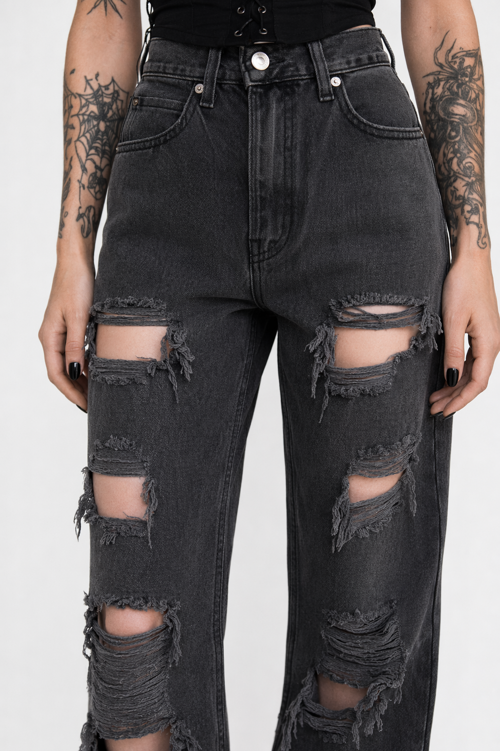 Black Ripped Denim Pants as picture