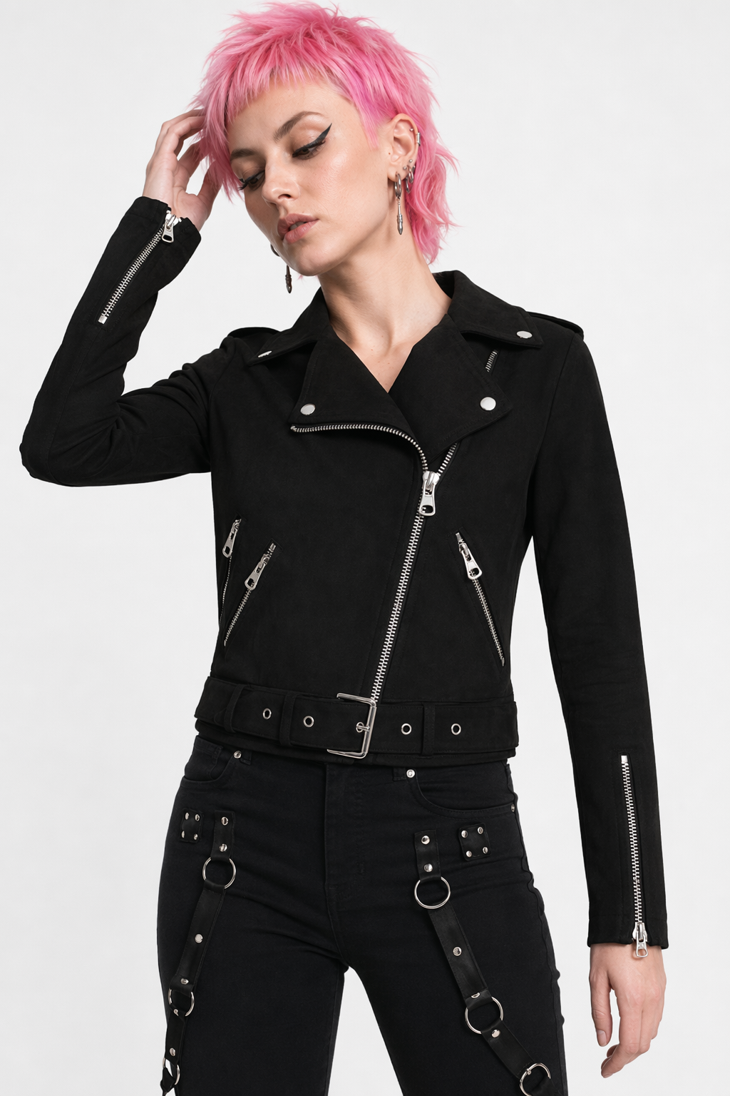 Black Faux Suede Biker Jacket X009 Black