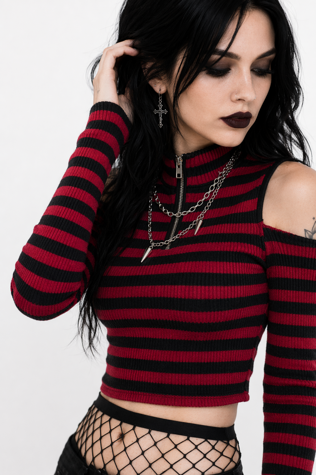 Red Stripe Cold Shoulder Top Red Stripe