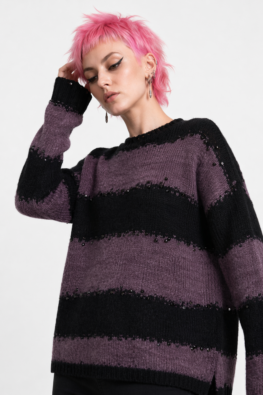 Black Purple Grunge Striped Sweater Purple
