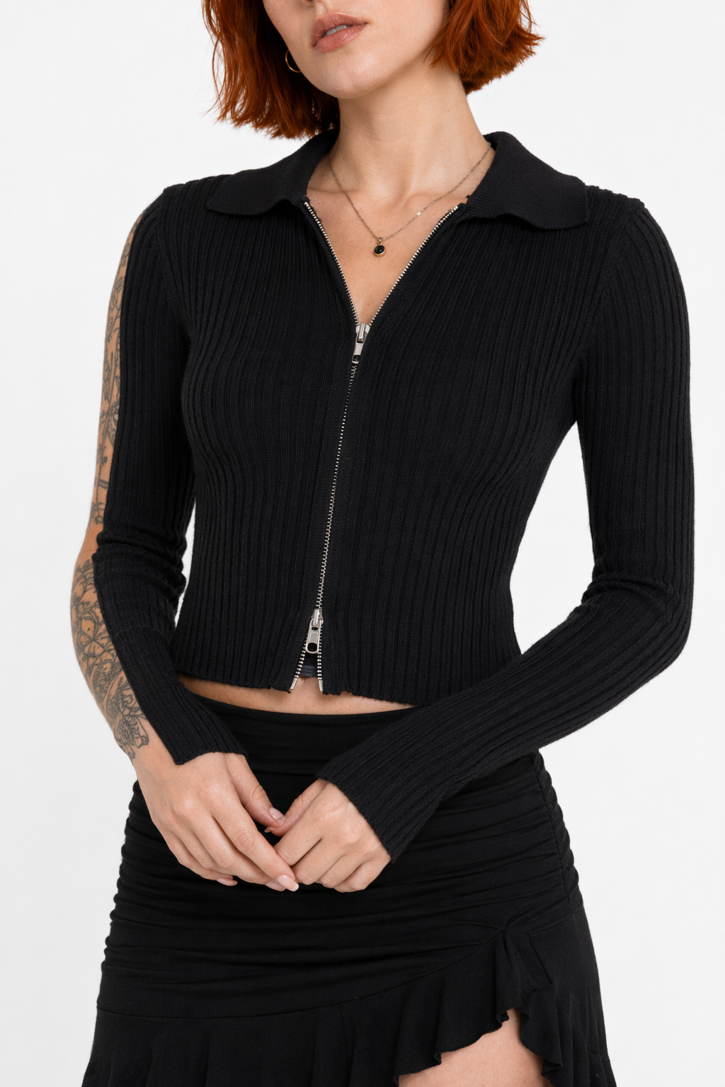 "Black Alt Grunge Ribbed Zip Top" One Size