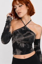 Hourglass Tie Dye Cold Shoulder Top Black Gray