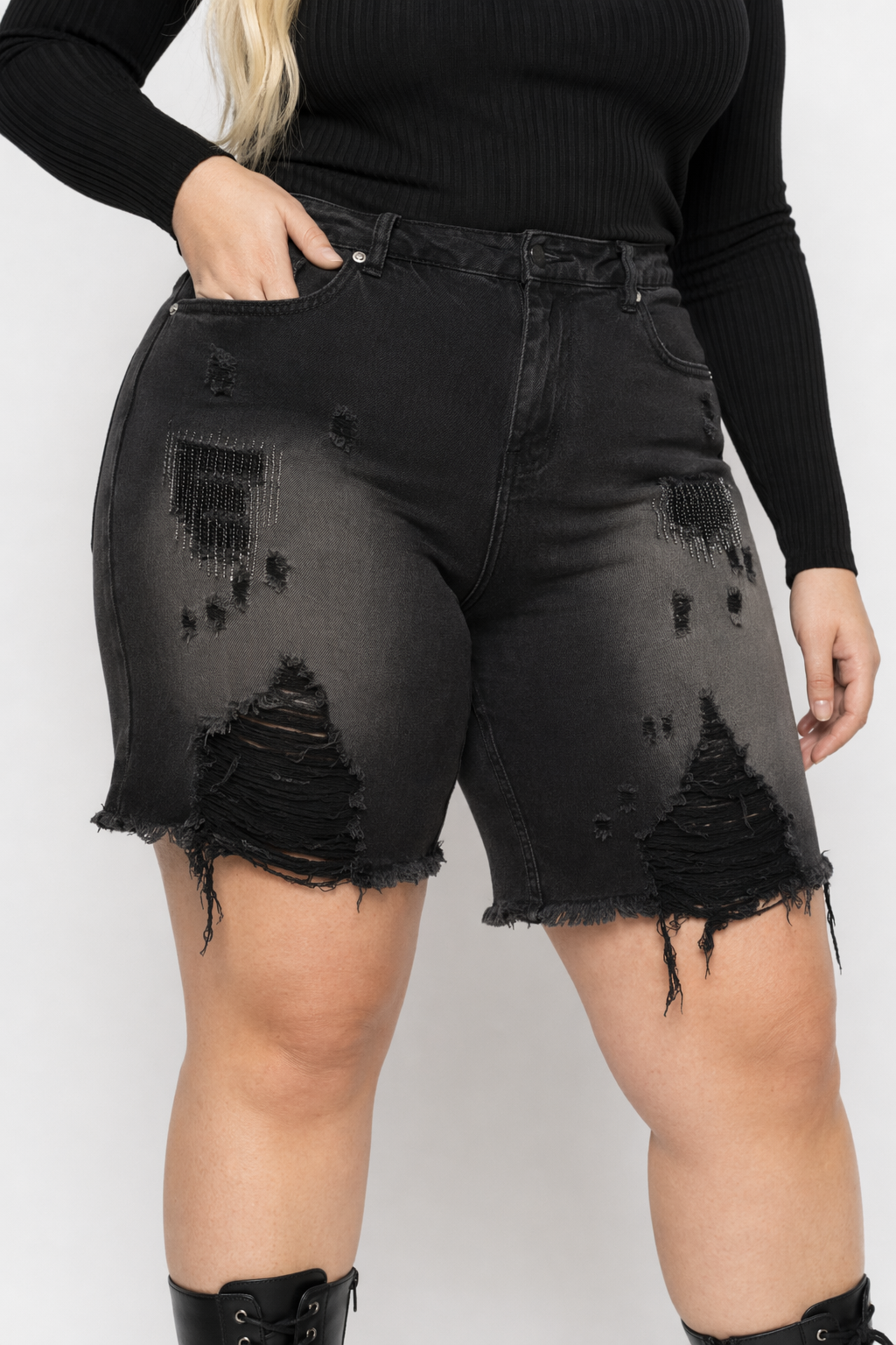 "Black Grunge Denim Shorts" Black
