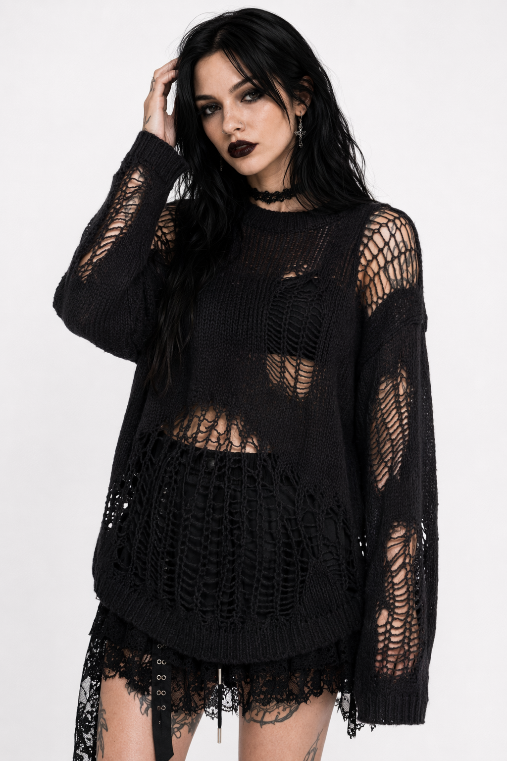 "Black Grunge Oversized Sweater" Black